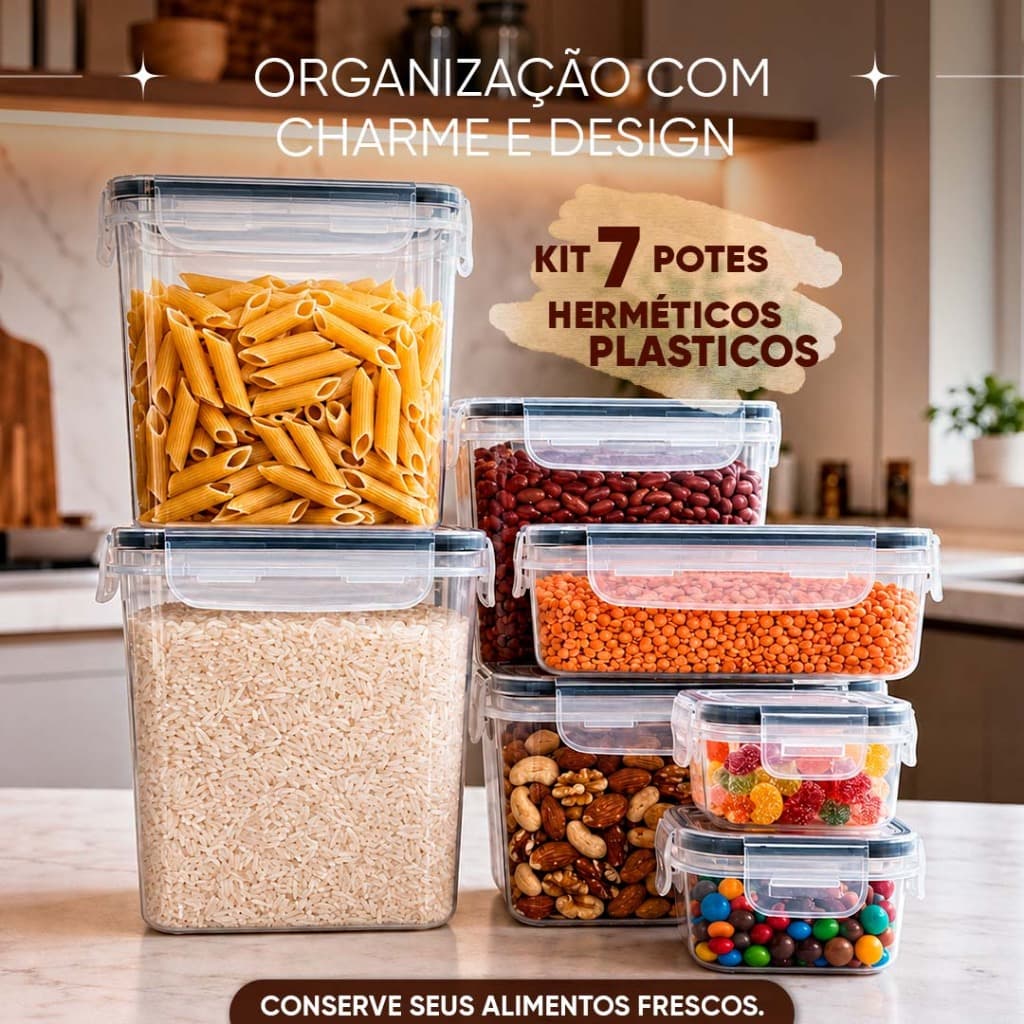 Kit 7 Potes Herméticos Plásticos Tampa Vedação