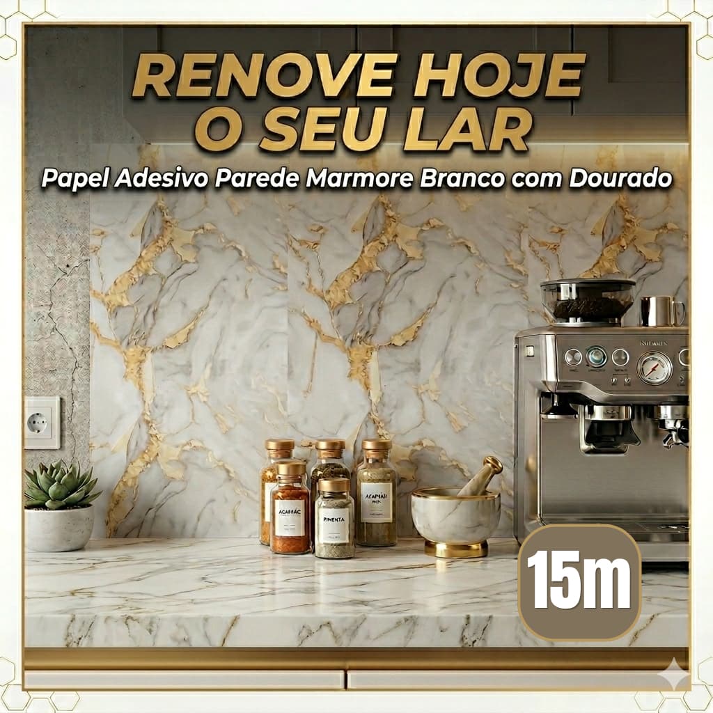 Papel Adesivo Parede 5, 10 ou 15 metros Marmore Dourado c/ Branco Impermeável Lavável Fácil Aplicar