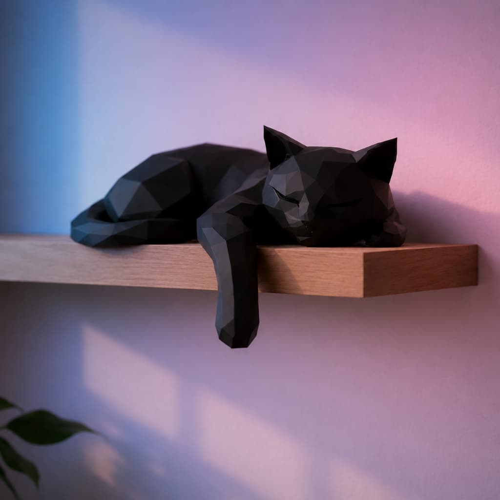 Escultura Gato Deitado Relaxando Low Poly Decoração Moderna Minimalista Sala Quarto Estante Presente