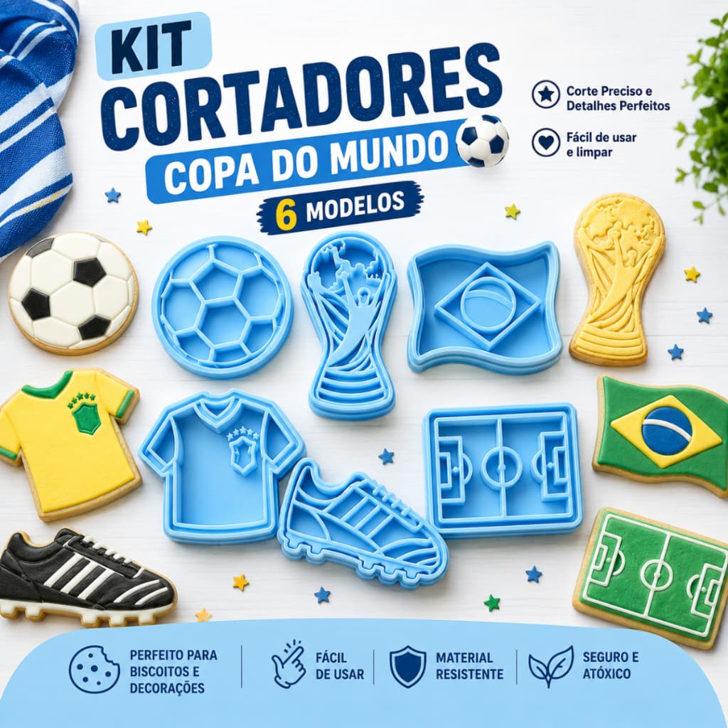 Kit 6 Cortador de Biscoito Futebol Copa do Mundo Brasil Peças com Carimbo e Puxador