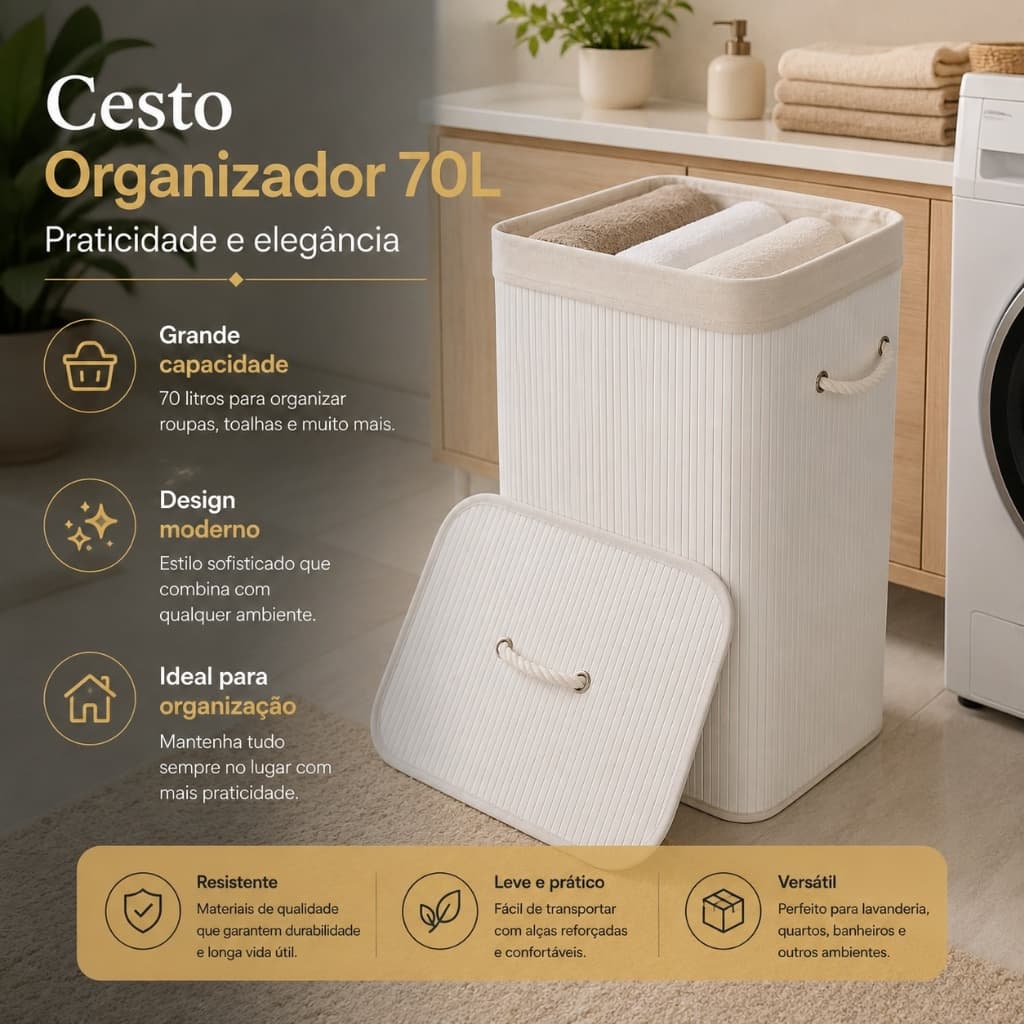 Cesto Organizador Bambu 70L Com Tampa Roupa Lavanderia
