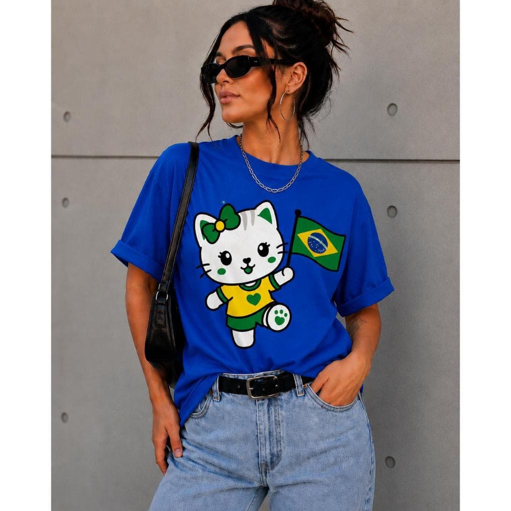 Camiseta Brasil Gatinho Feminina Camisa  Copa Do Mundo 100% Algodão Envio Rápido