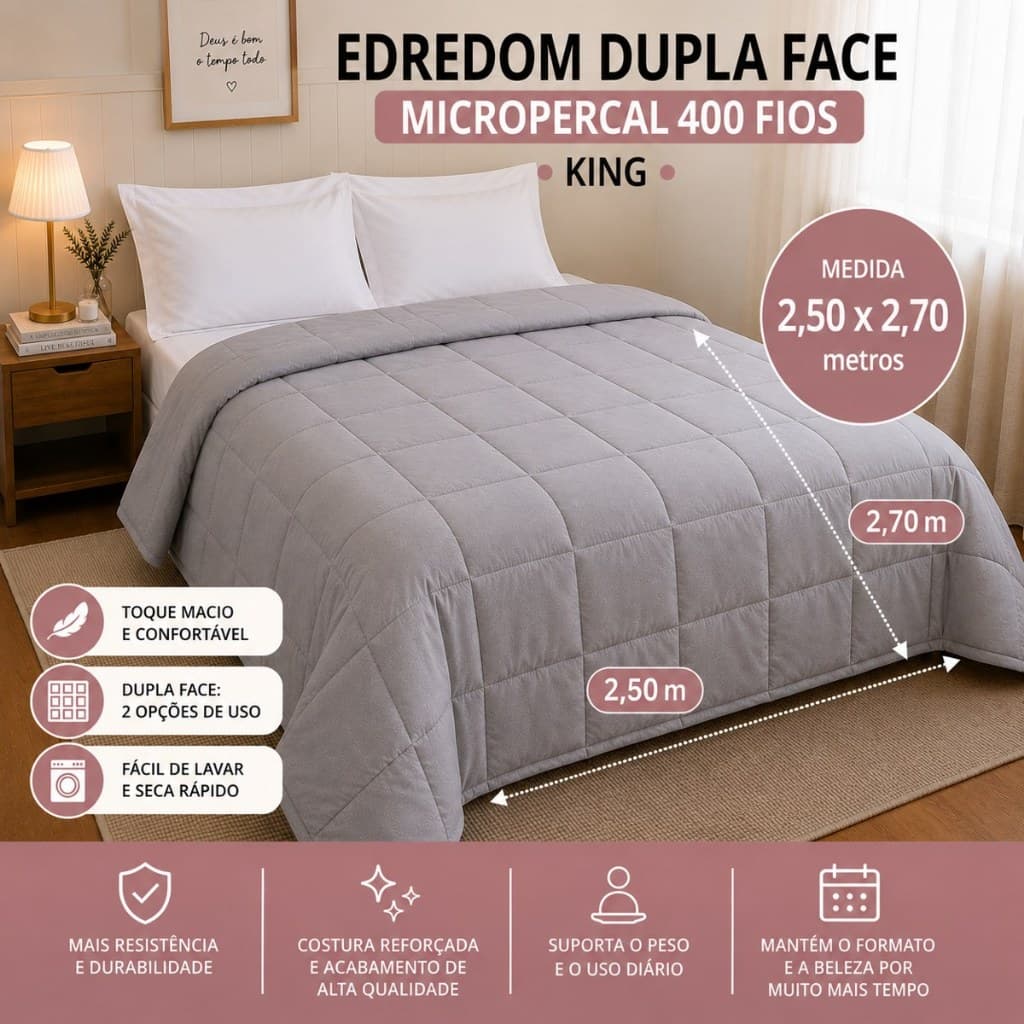 Edredom King Dupla Face Micropercal 400 Fios Liso 2,50x2,70 Macio Confortável