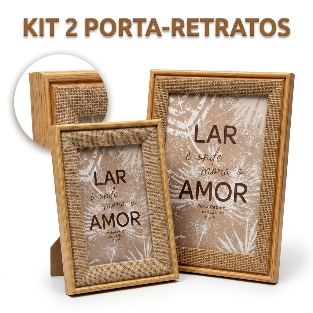 Porta Retrato Decorativo Juta 10x15 15x20 Moldura Madeira Rústico Decoração Casa