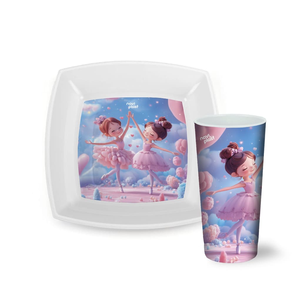 Kit Lanche Bailarina Infantil 2 Peças Copo Prato