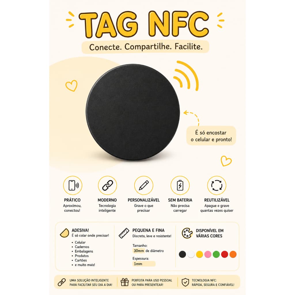 Tag NFC Adesiva 30mm Programável | Compatível Android iPhone