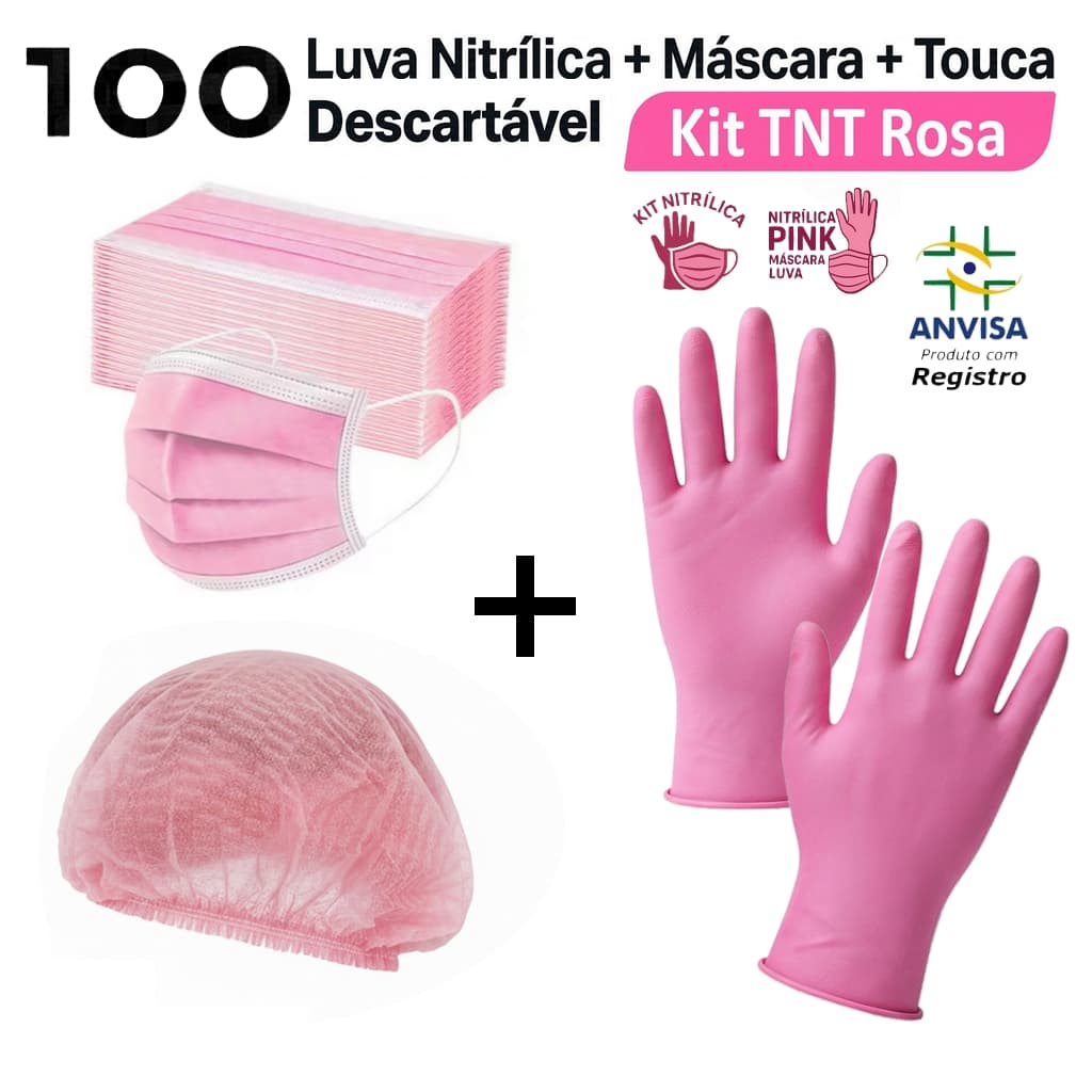Kit Rosa 100 Touca TNT+ 100 Luva Nitrilica+ 50 Máscara Descartável Tripla Camada Com Clipe Nasal