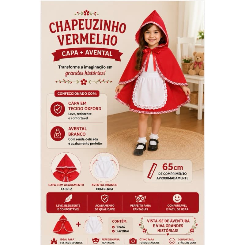 Capa/gorro chapeuzinho vermelho com avental branco