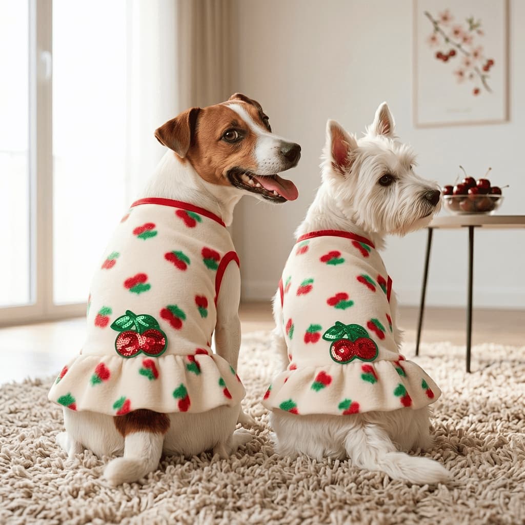 Vestido para Cachorro Fêmea Cereja Soft Pelúcia com Saia Franzida e Aplique Roupa Pet