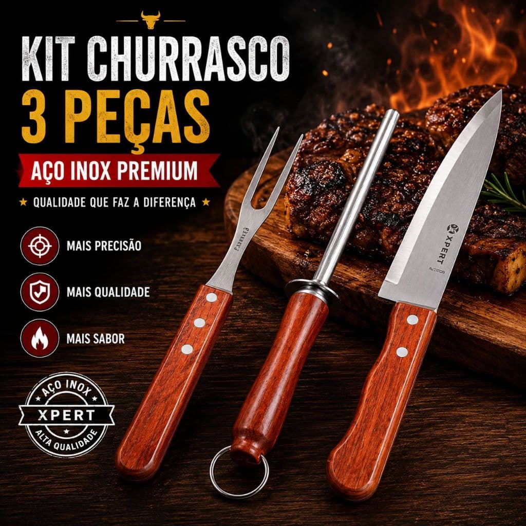 Kit Churrasco 3 Peças Aço Inox com Cabo de Madeira – Conjunto Utensílios para Churrasco