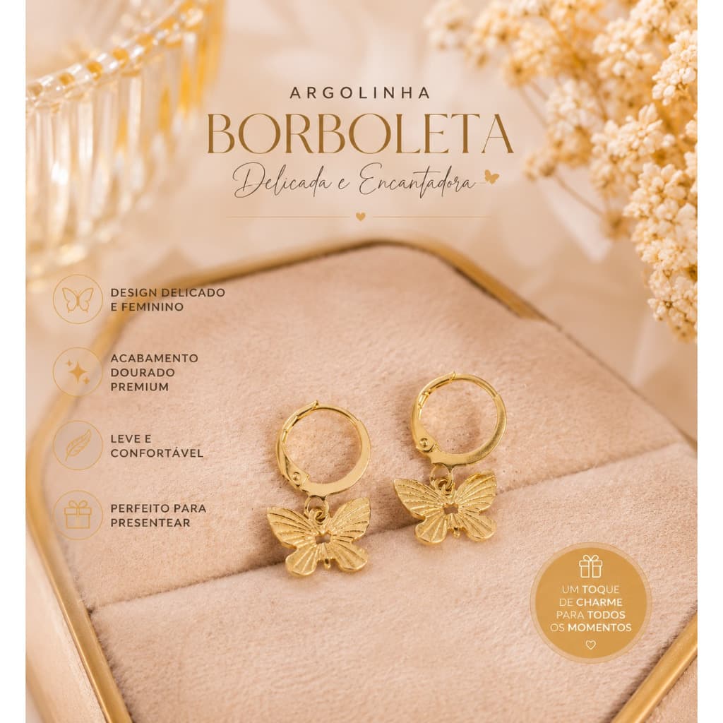 Brinco Feminino Argolinha Borboleta Dourada Delicada Elegante Moda Feminina Luxo