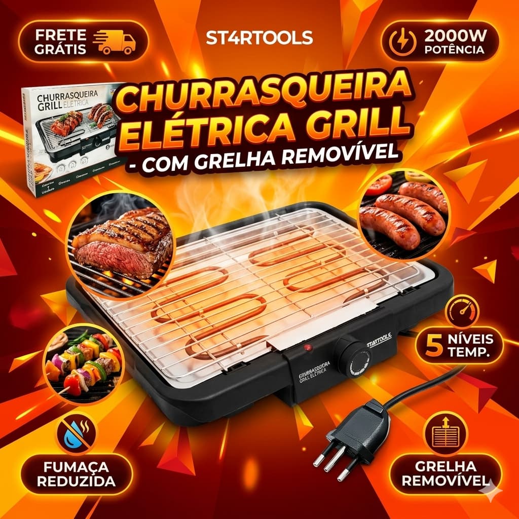 Churrasqueira Eletrica Grill Com Grelha Removivel Potente 127V Pratica Preta Cozinha
