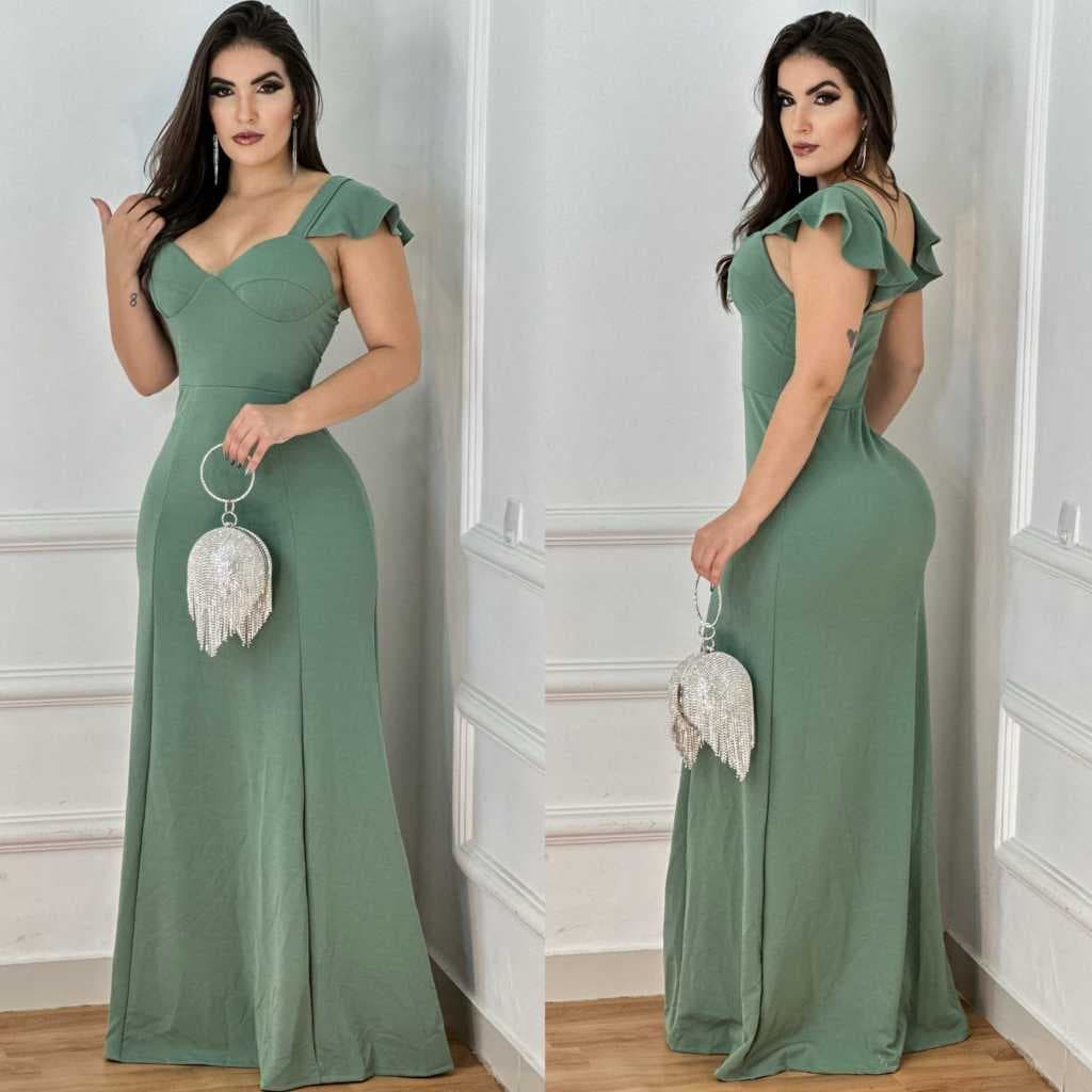 Vestido para casamento Madrinha longo de alça com babado nas mangas com bojo tecido crepe justo ao corpe elegante social