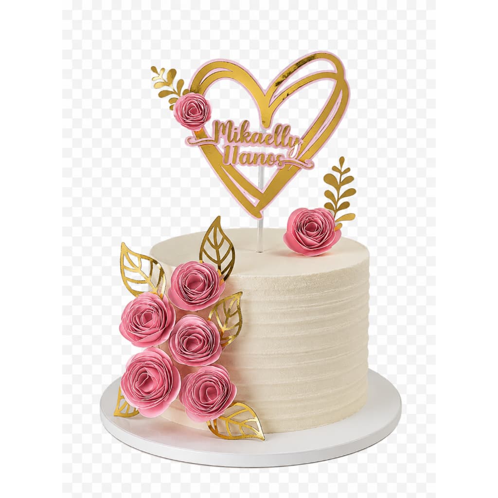 Topo/topper de bolo personalizado nome e coração em papel dourado e flores em papel