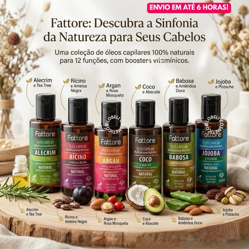 Óleo Capilar Multifuncional Fattore 100ml – 100% Natural Umectação, Brilho, Crescimento