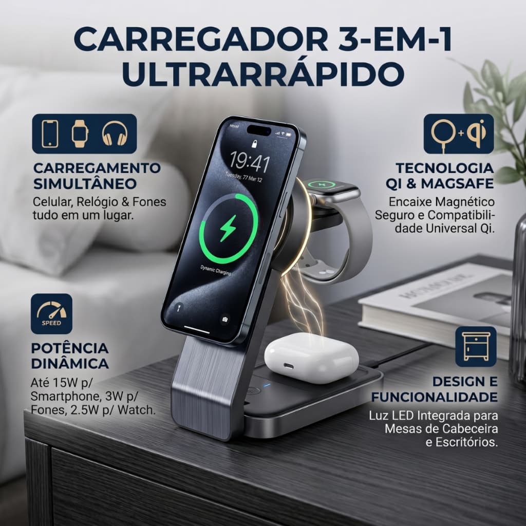 Carregador Indução Magnético Base 4 Em 1 para Smartphone Relógio e Fones + Luminária