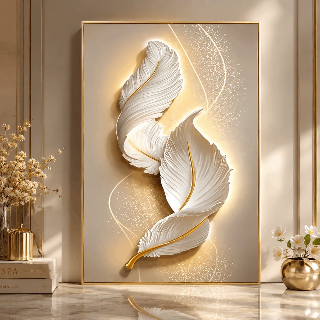 Quadro Decorativo Plumas Brancas Douradas Abstrato Moderno MDF Sala Quarto Escritório
