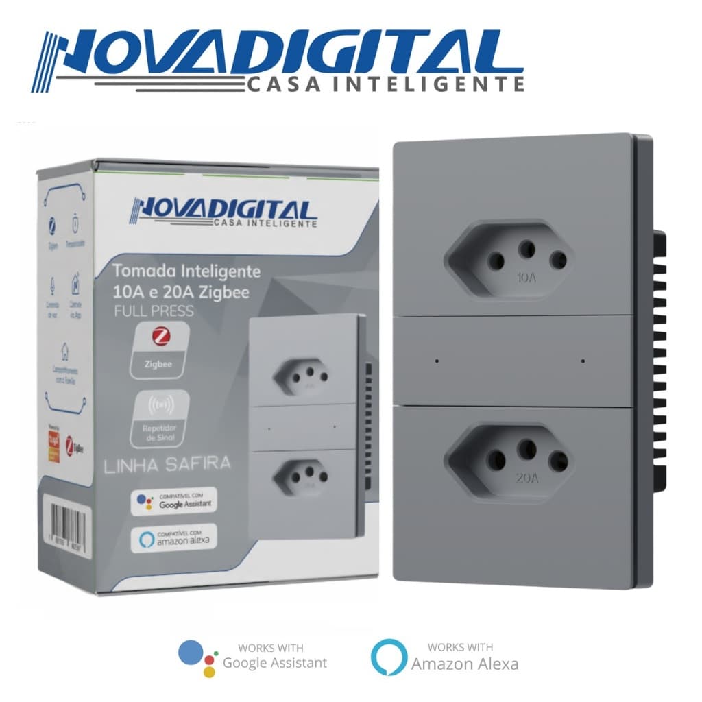 Tomada Dupla Inteligente Zigbee Novadigital 10A e 20A Bivolt Full Pres Linha Safira Branca Cinza