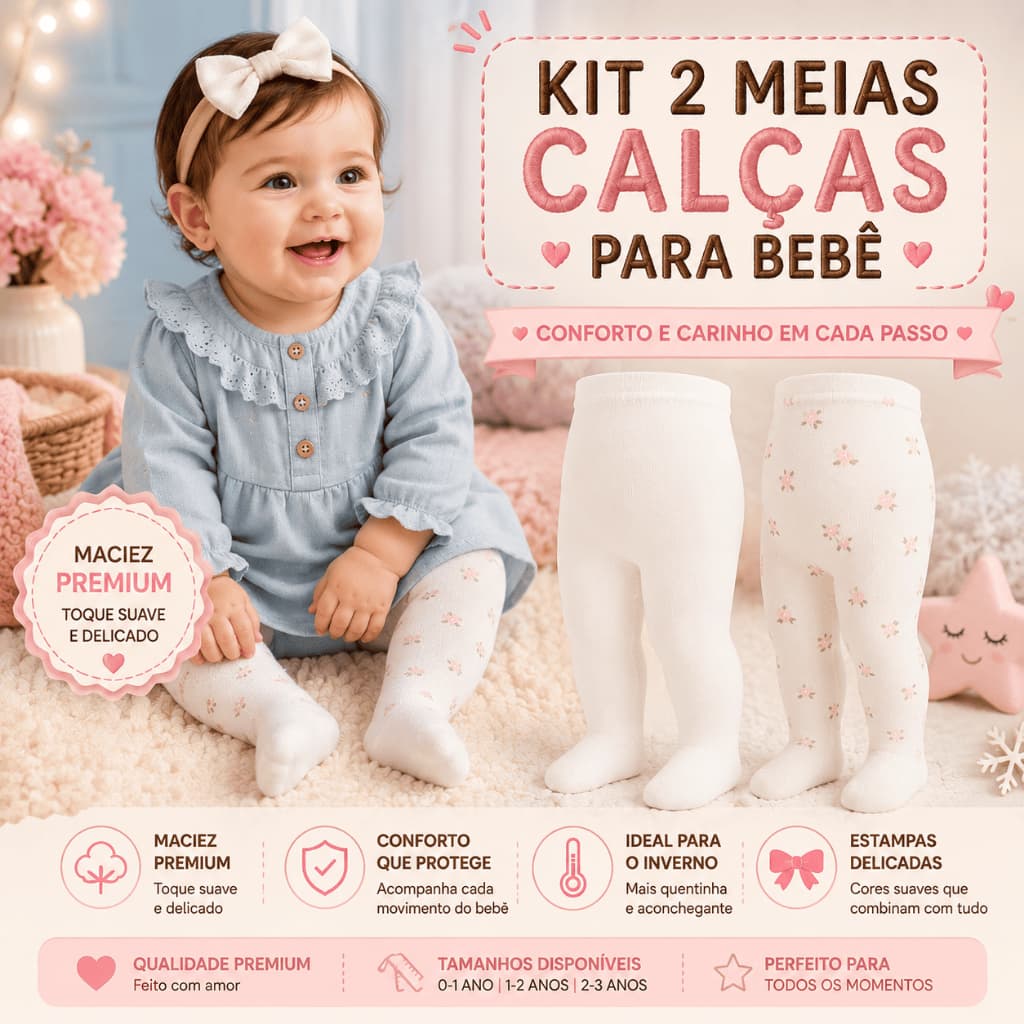 Kit 2 Meia Calça Infantil Bebê Menina Para Inverno Calças Meia com Pé Bebe