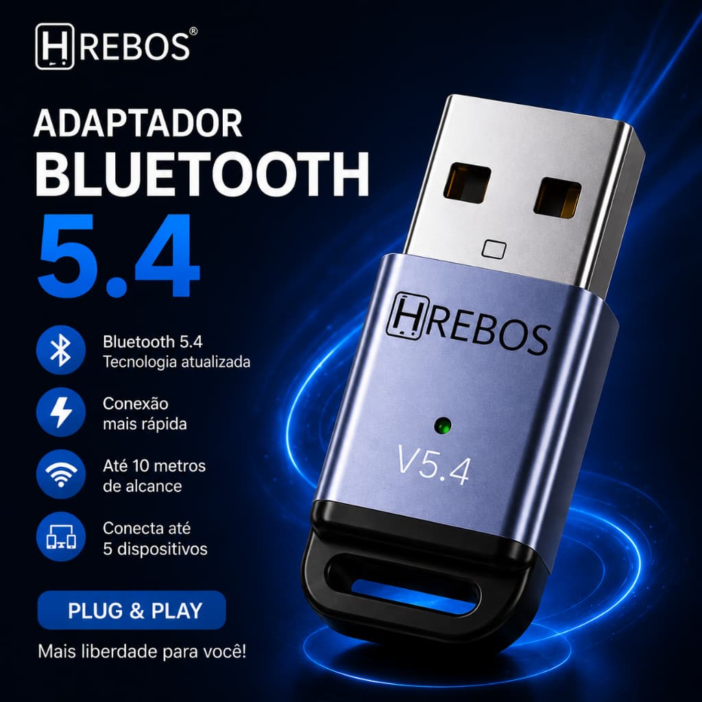 Adaptador Bluetooth USB 5.4 para PC Notebook Suporta 5 Dispositivos Simultâneos Alcance 10 metros