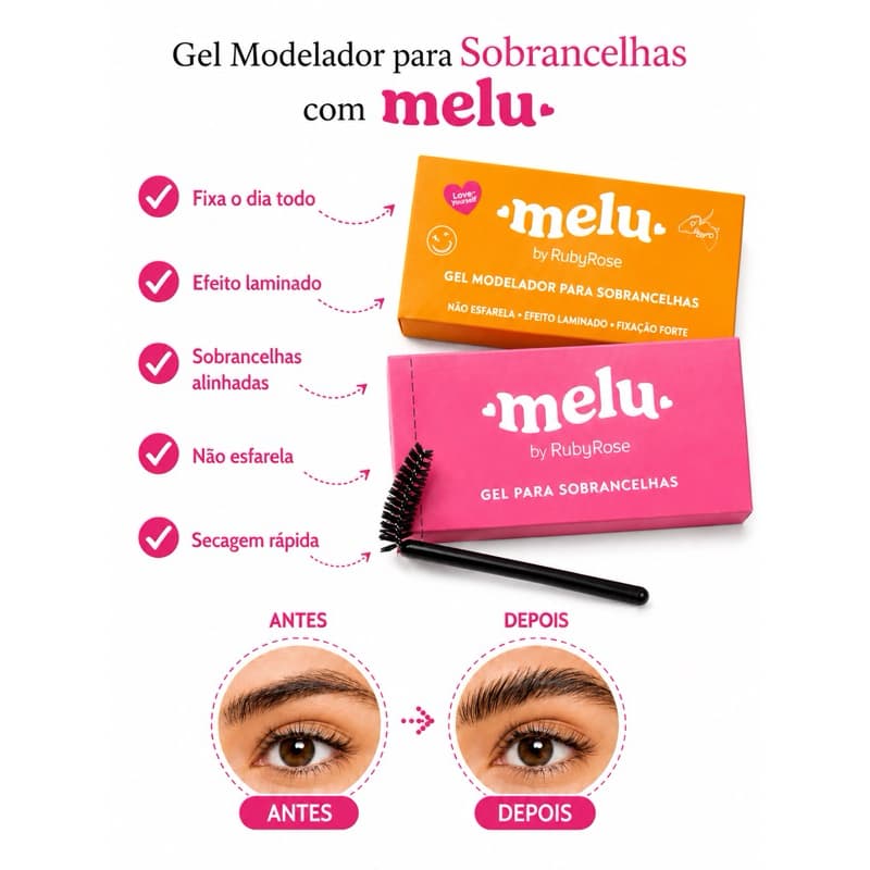 Gel Modelador de Sobrancelhas Melu – Efeito Brow Lamination e Fixação Duradoura