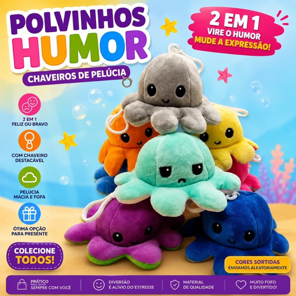 Polvo do Humor Pelúcia Polvinho Reversível Chaveiros Polvos Presentes KIT 12/15/16