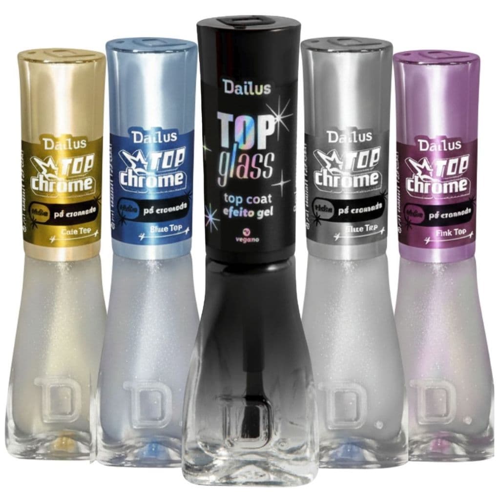 Dailus Top Coat Top Chrome Esmalte Efeito Pó Cromado + Top Glass Efeito Gel Lançamento Manicure Pedicure