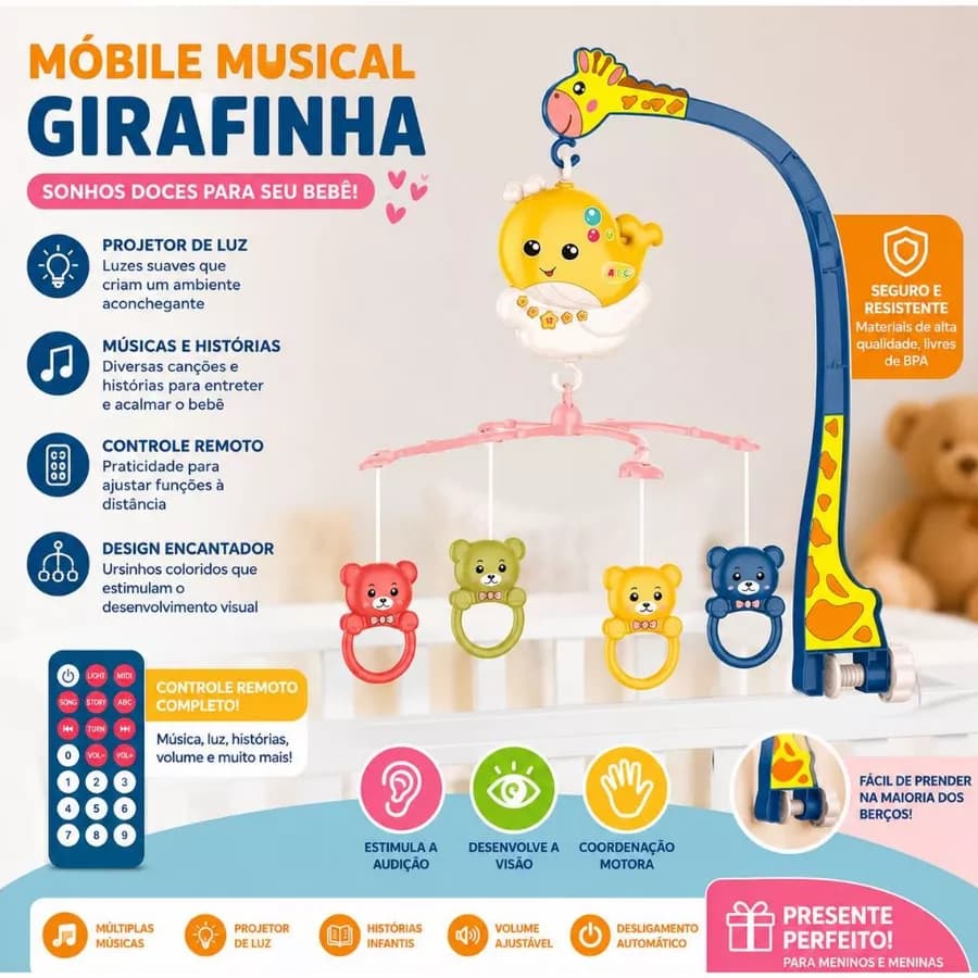 Móbile Musical Girafinha para Berço com Luz, Música e Controle Remoto – Projetor Infantil para Bebê