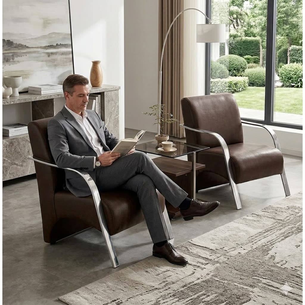 Poltrona Cadeira Barbearia Salão de Beleza Corino Recepção Escritório Estofada Decorativa Confortável Braço de Aluminio