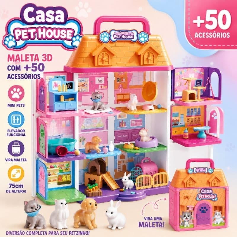Casa Pet House Maleta 3D Infantil +50 Acessórios Mini Pets Elevador 75cm