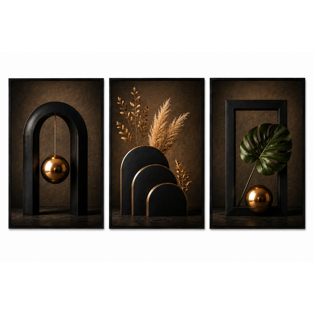Kit Quadro Decorativo 3 Peças Abstrato Moderno Geometrico Flores Trigo Dourado Gold Escritório Sala