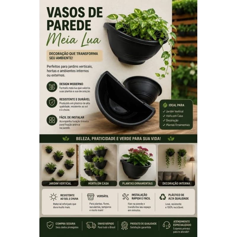 kit Jogo Vasos De Parede Meia Lua Decoração 1,650ml Para jardim Vertical e Horta Plástico Meia Lua