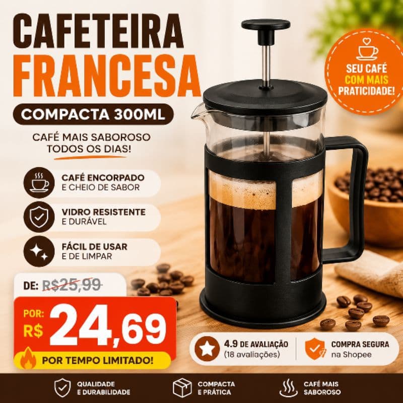 Cafeteira Francesa Compacta Vidro Resistente Capacidade 300ml Cozinha Prática