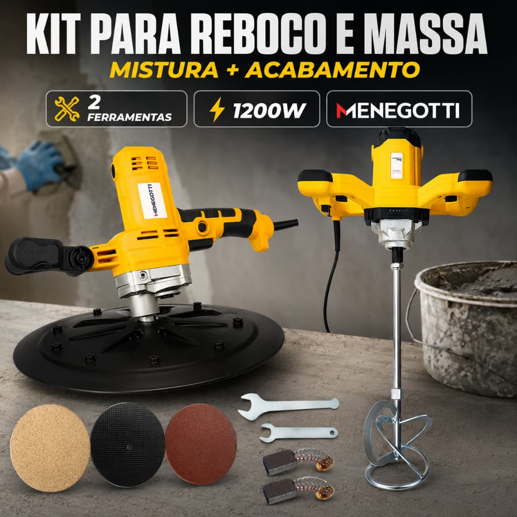 Kit Desempenadeira Elétrica Menegotti MDE 1200W + Misturador Elétrico MEL1200 Tinta Argamassa Reboco