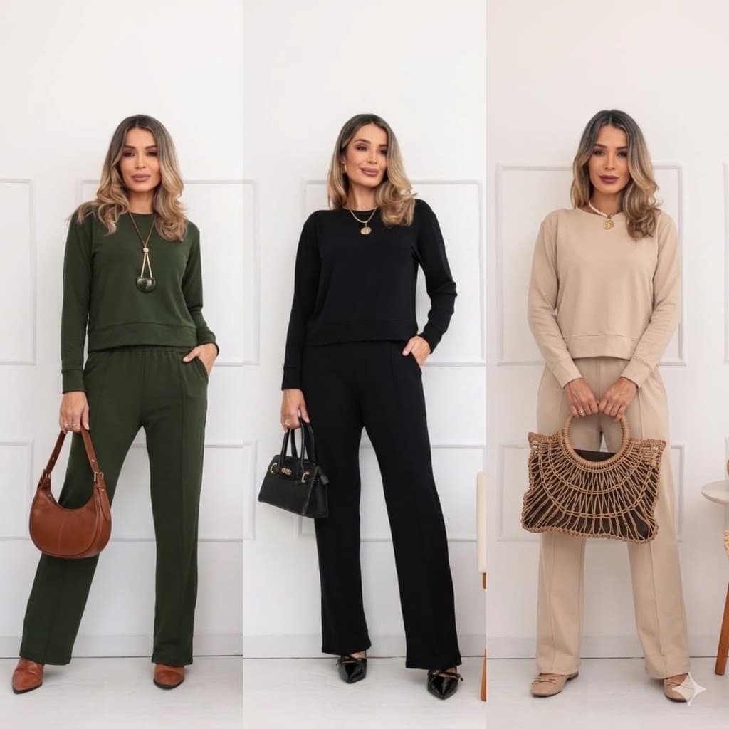 Conjunto Calça e Blusa Manga Longa Pantalona Confortável Moderno Elegante