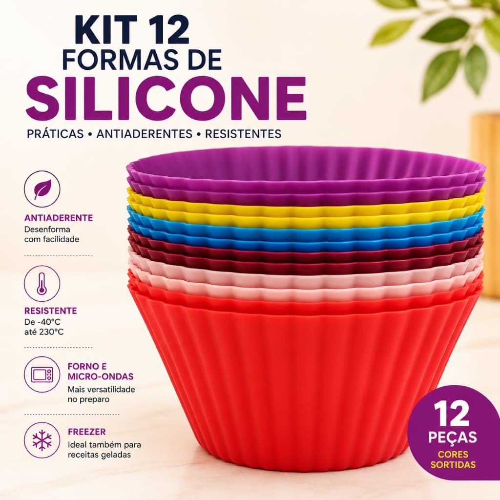 Kit 12 Formas de Silicone Antiaderente para Cupcake e Muffin Cores Sortidas