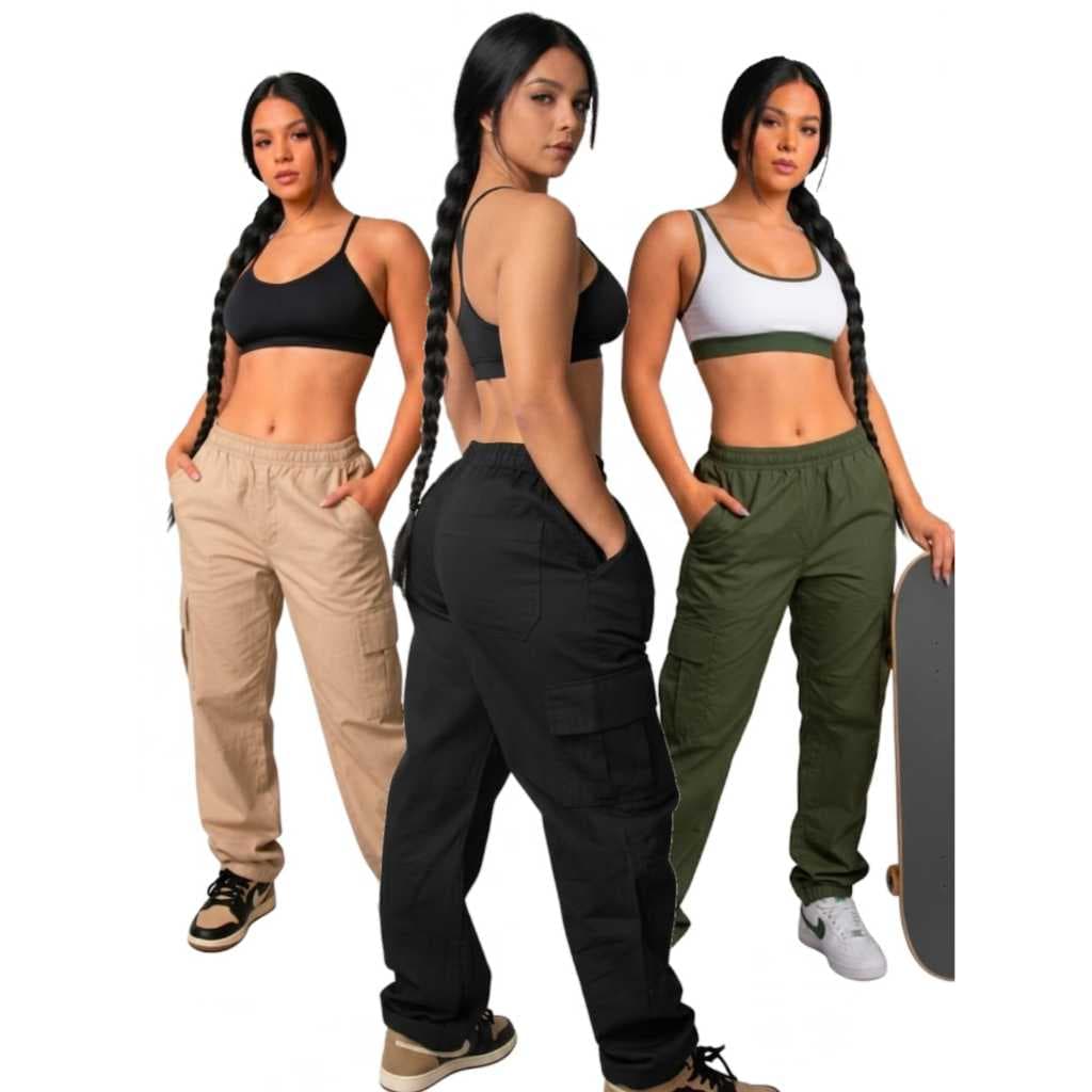 Calça Cargo sarja Larga Masculina Feminina Unisex Preta Caqui  Azul  Verde com Bolsos