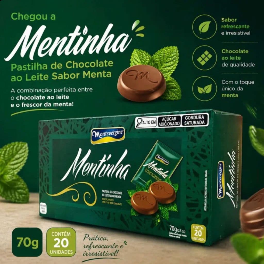 Pastilha de Chocolate Sabor Menta Mentinha 70g 20 Unidades Montevérgine