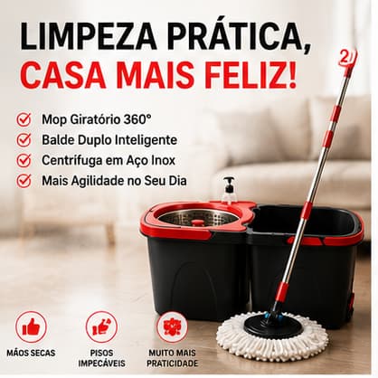 Mop Giratório 360 Graus Powermaid Balde Duplo Centrifuga Inox Limpeza Fácil