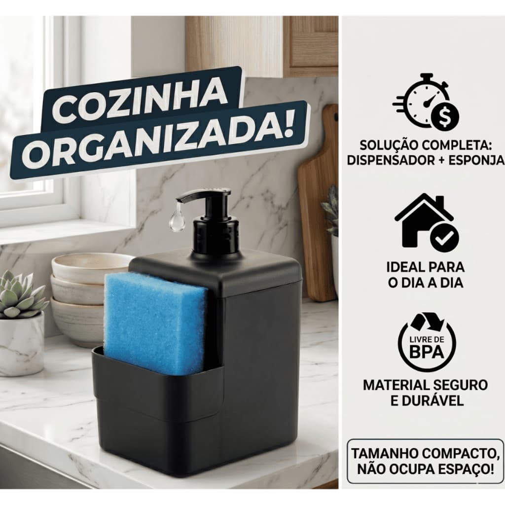 Dispenser De Detergente 500ml Com Porta Bucha E Esponja Para Pia Cozinha Dasplast