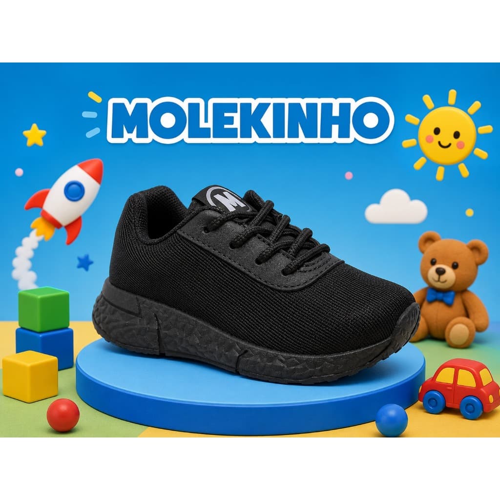 Tênis Infantil Molekinho Escolar Preto Cadarço Conforto Macio