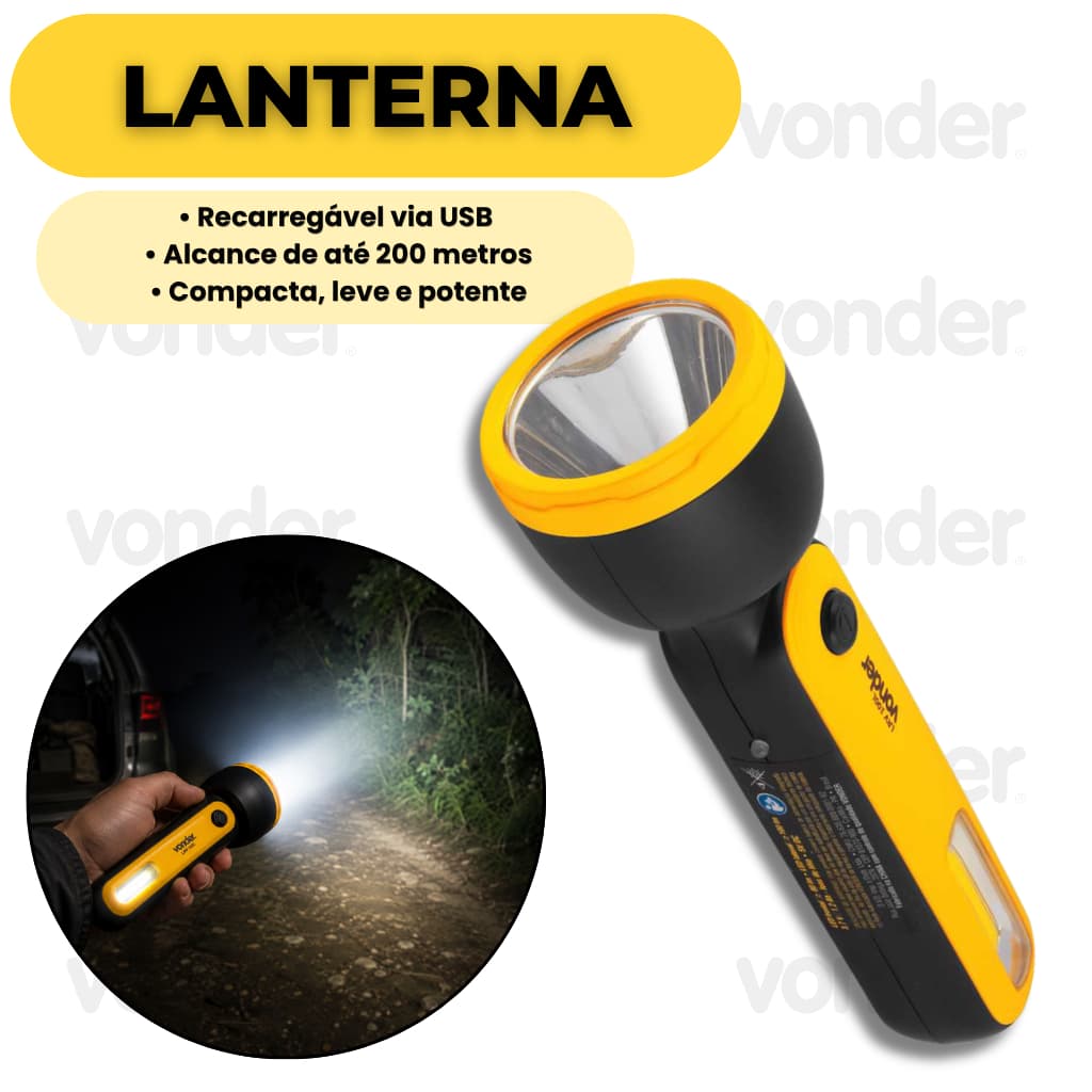 Lanterna Recarregável LED Vonder USB Compacta Alta Potência Camping Emergência Portátil Resistente