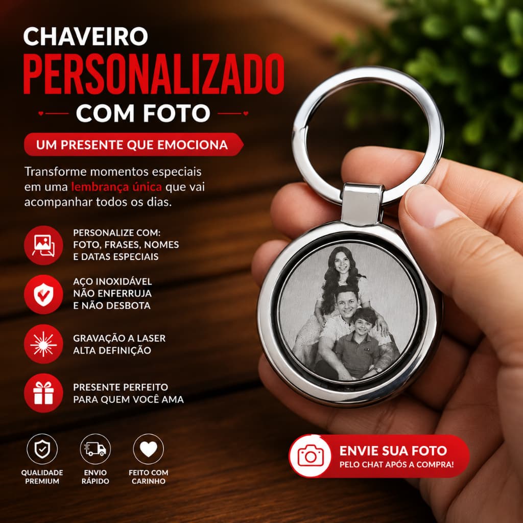 Chaveiro personalizado com foto, imagem e frase a laser feito em aço
