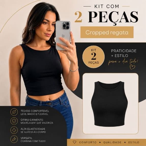 2 Cropped Feminino Top Blusa Suplex Lisa Basica Feminina