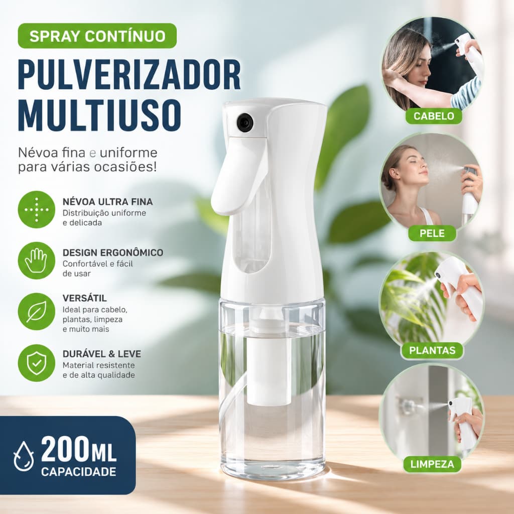 Pulverizador Spray Contínuo 200ml Névoa Fina Multiuso Para Cabelo Plantas Limpeza e Pele Portátil Ergonômico