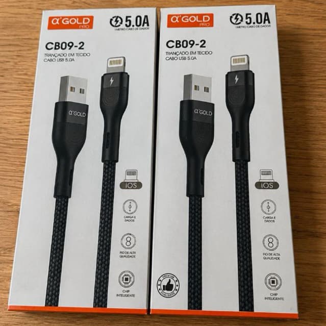 Kit 2 Cabos Lightning iPhone iOS 1USB Carregador Rápido 5A Reforçado Trançado Original Agold