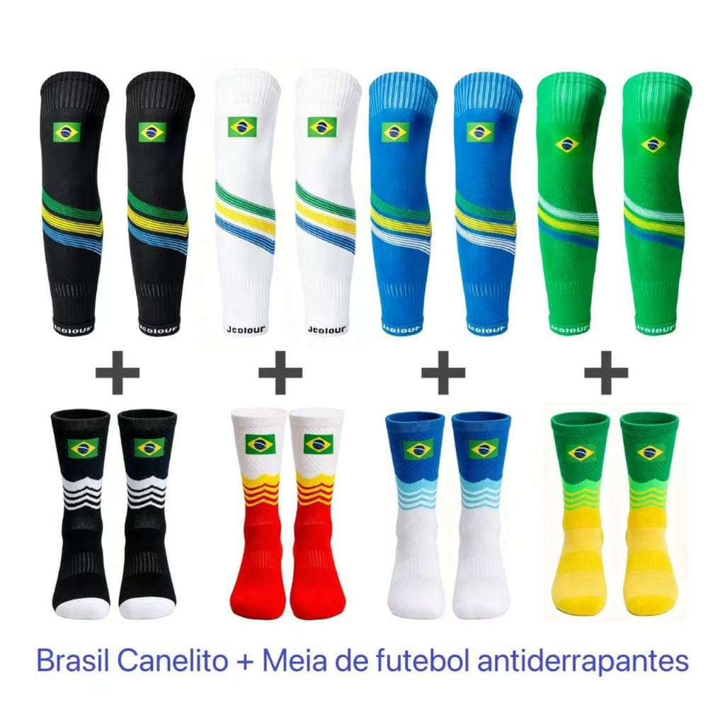 Kit 1/3 Meias Brasil masculinas com CANELITO + meias de futebol antiderrapantes Copa Futebol Torcedor