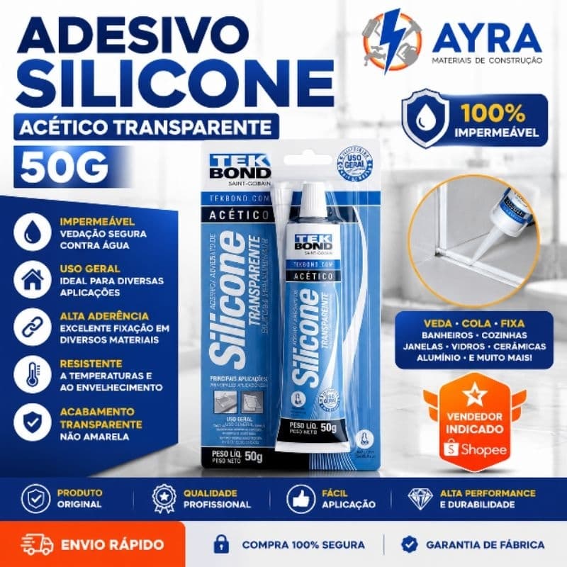 Adesivo Silicone Acético Transparente 50g | Vedação Impermeável para Pia, Box e Banheiro