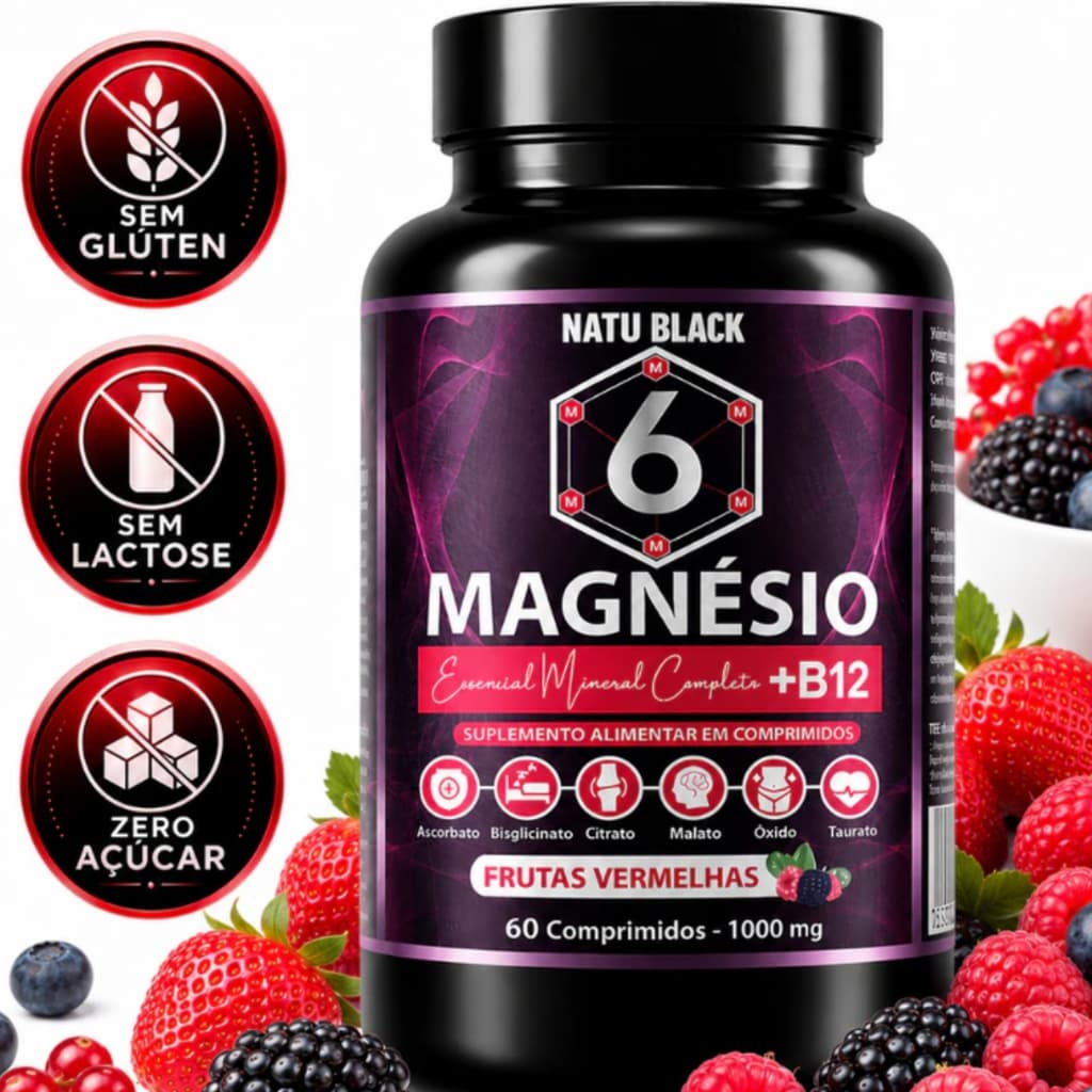MAGNÉSIO 6 TIPOS + B12 MELTICOBALAMINA Sabor Frutas Vermelhas 60 Comprimidos - POTE PARA 60 DIAS USO