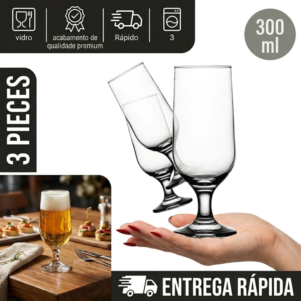 Kit Jogo de 03 Taças de Vidro para Cerveja Eden G4U 300ml Class Moderno Drinks Restaurante Buffet